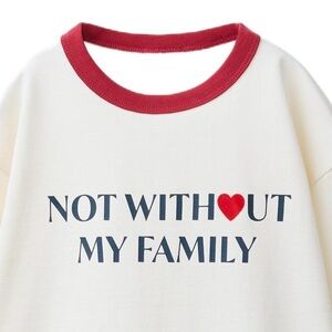 Zara White Contrast Family Top with Red Trim and Navy Print